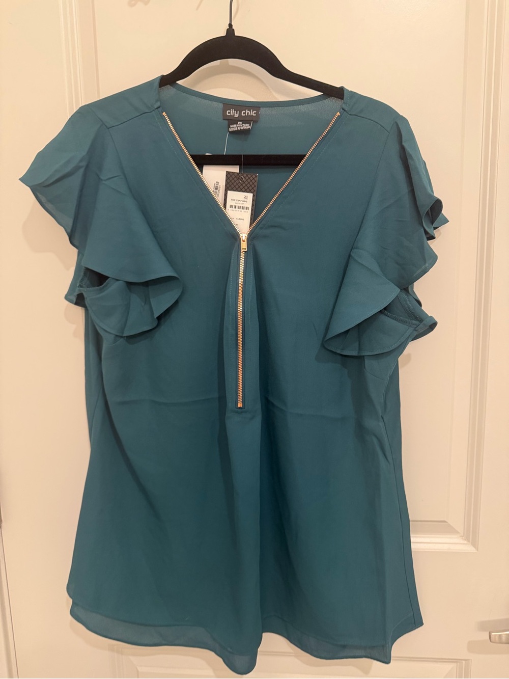 City Chic teal ruffle sleeve blouse with gold zip